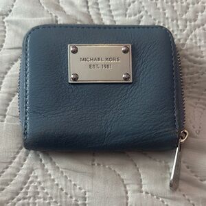 Michael Kors Blue Leather Zip Wallet with Silver Plate